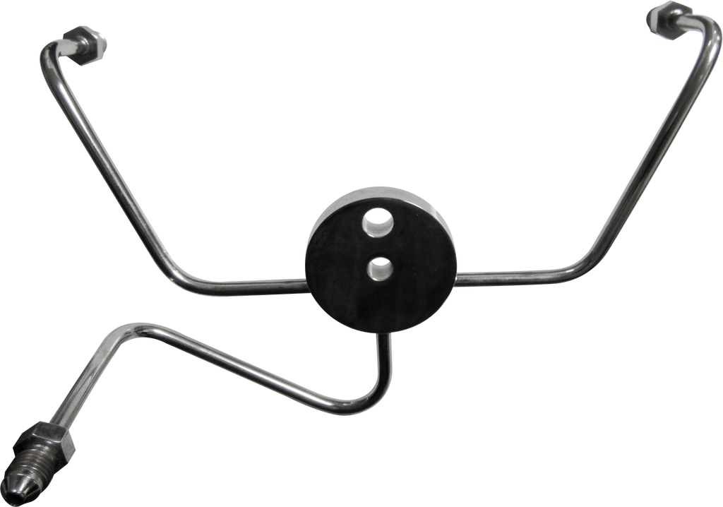 Goodridge front brake spider wideglide chrome with -3AN fittings, detailed view of brake component for motorcycle braking system.