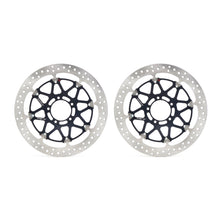 Charger l'image dans la galerie, BREMBO upgrade front T Drive rotor floating brake disc showing slotted design and smooth surface, ideal for high-performance vehicles.