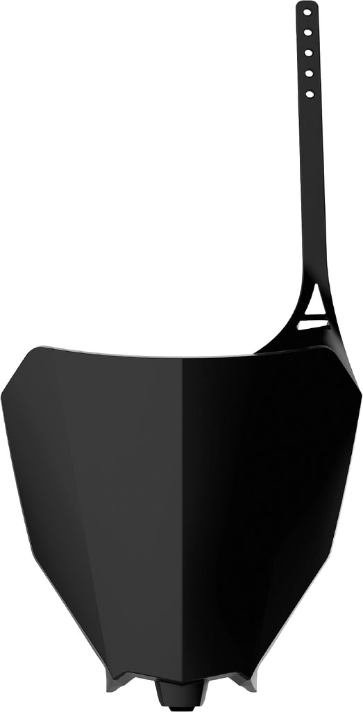 Polisport Plastics black front number plate for body, model 64-06698, shown on a motorcycle with detailed close-up.