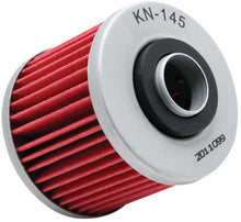Load image into Gallery viewer, K&amp;N oil filter 56-0145 for automotive engines, showing the cylindrical metal filter with threaded center hole and rubber seal.