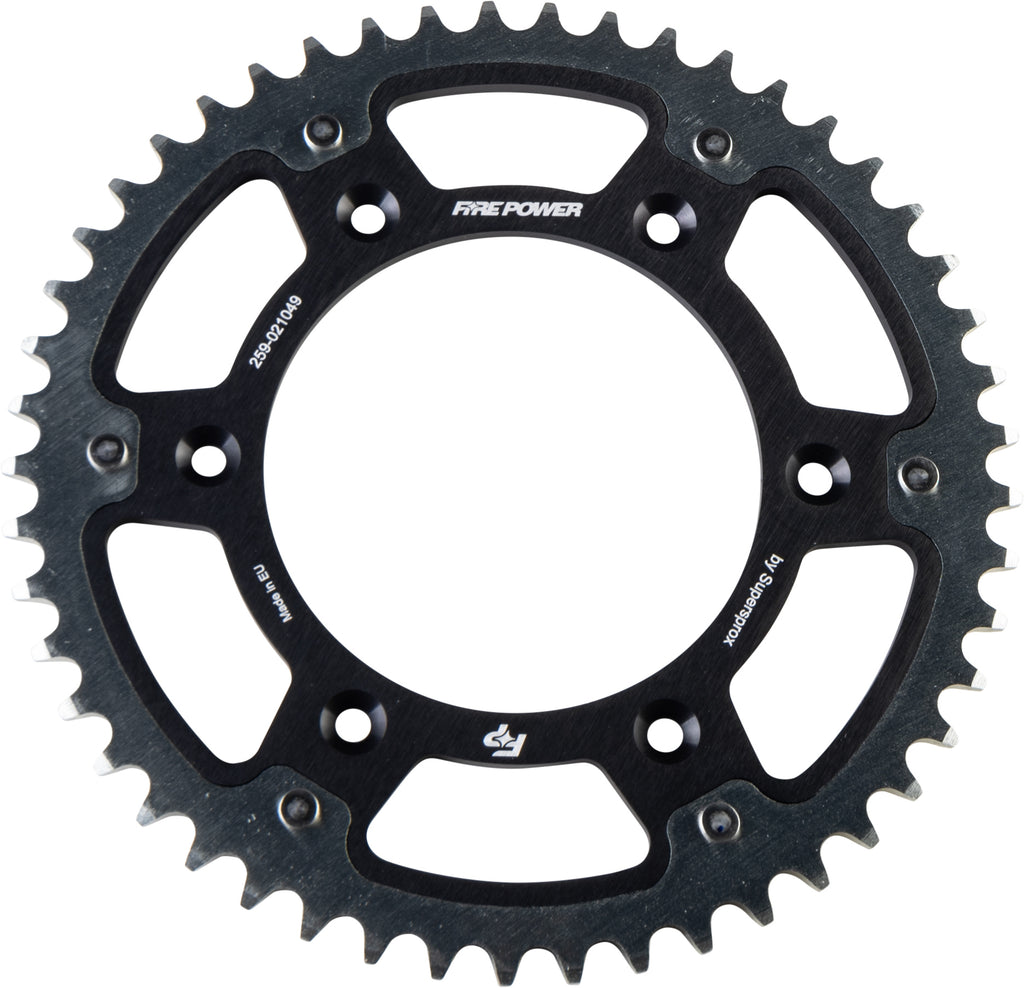 Fire Power 49-tooth rear sprocket for Honda CRF250, black and silver hybrid design, durable motorcycle chain sprocket.