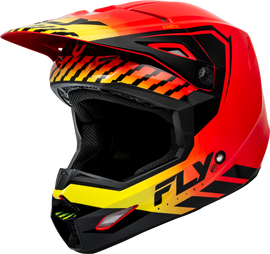 Fly Racing Kinetic Menace helmet in red, black, and yellow featuring a sleek aerodynamic design and secure strap.