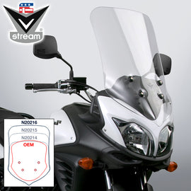 National Cycle Vstream touring windshield in clear, large motorcycle windscreen with aerodynamic design and mounting hardware.