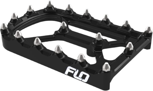 Flo Motorsports universal touring foot controls in black with metal foot pegs and mounting brackets for motorcycle handlebars.