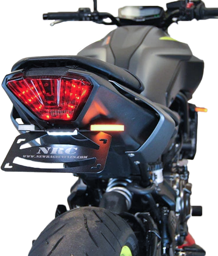 New Rage Cycles Fender Eliminator body for Yamaha model, shown in black with mounting hardware and streamlined design.
