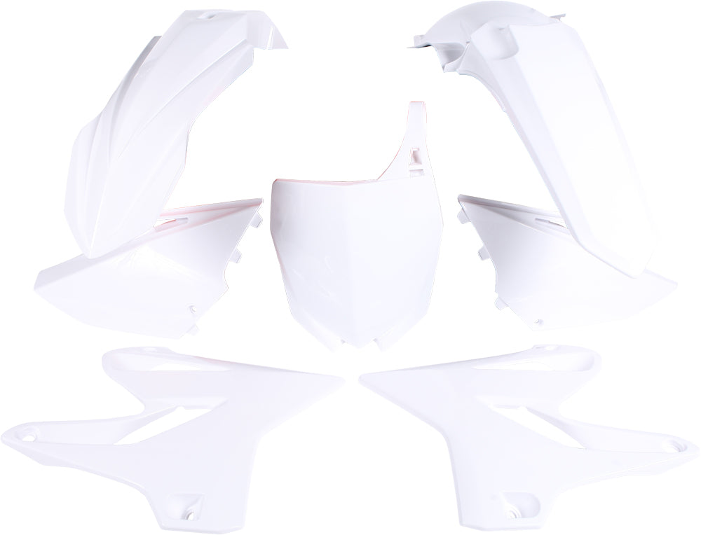 Polisport Plastics white plastic body kit for motorcycles, including various body panels and covers in a durable plastic material.