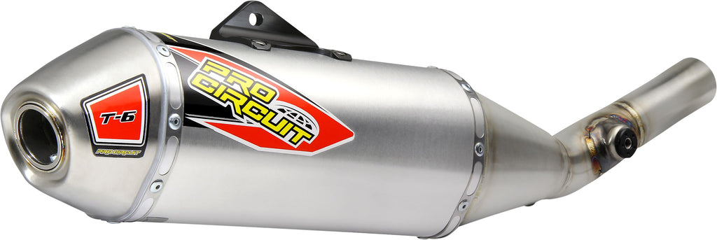 Pro Circuit T-6 Slip-On Silencer for Kawasaki motorcycle, aluminum exhaust with black end cap and branding details.