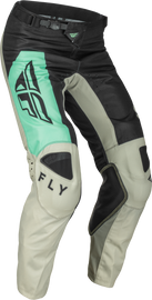 Fly Racing Kinetic Jet pants in black, mint, and grey, size 28, featuring protective riding gear design and durable fabric.