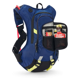 USWE Moto Hydro 8L pack with 3L Elite PNP bladder in blue, lightweight motorcycle luggage with adjustable straps and secure fit.