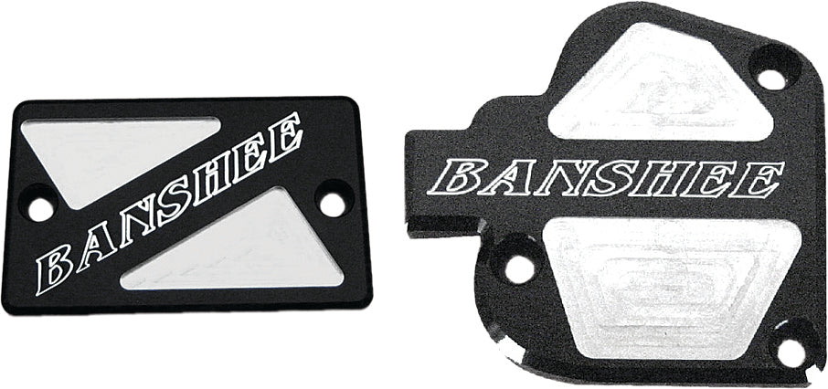 Black ModQuad throttle and brake cover set with logo for Banshee, designed for easy installation on quad bikes.