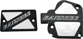 Black ModQuad throttle and brake cover set with logo for Banshee, designed for easy installation on quad bikes.