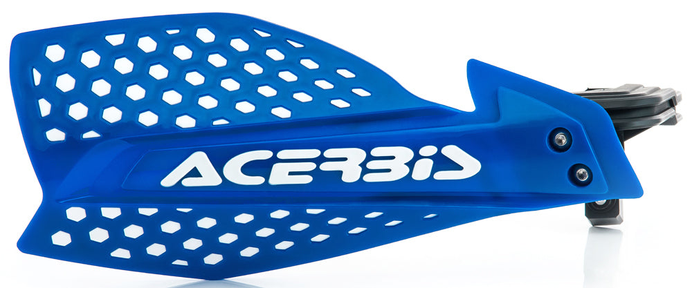 Acerbis Ultimate X handguard in blue and white with mounting hardware, designed for motorcycle protection.