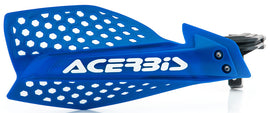 Acerbis Ultimate X handguard in blue and white with mounting hardware, designed for motorcycle protection.