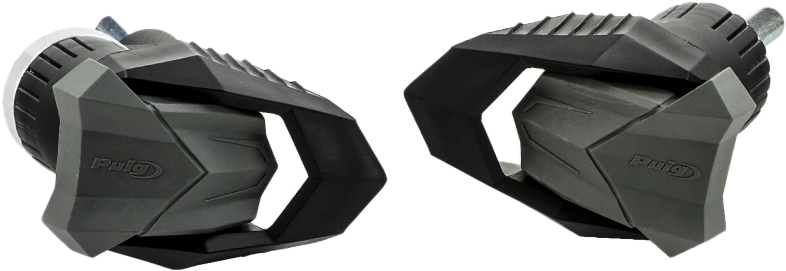 PUIG R19 black frame sliders for motorcycle, showing sleek black protective covers mounted on the bike frame.