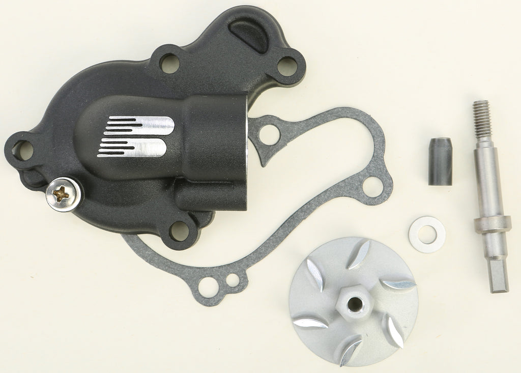 Boyesen black waterpump cover and impeller kit for motorcycle engine, featuring durable metal parts and detailed design.