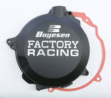 Load image into Gallery viewer, Boyesen Factory Racing clutch cover in black for motorcycle, featuring a sleek design and branding details.