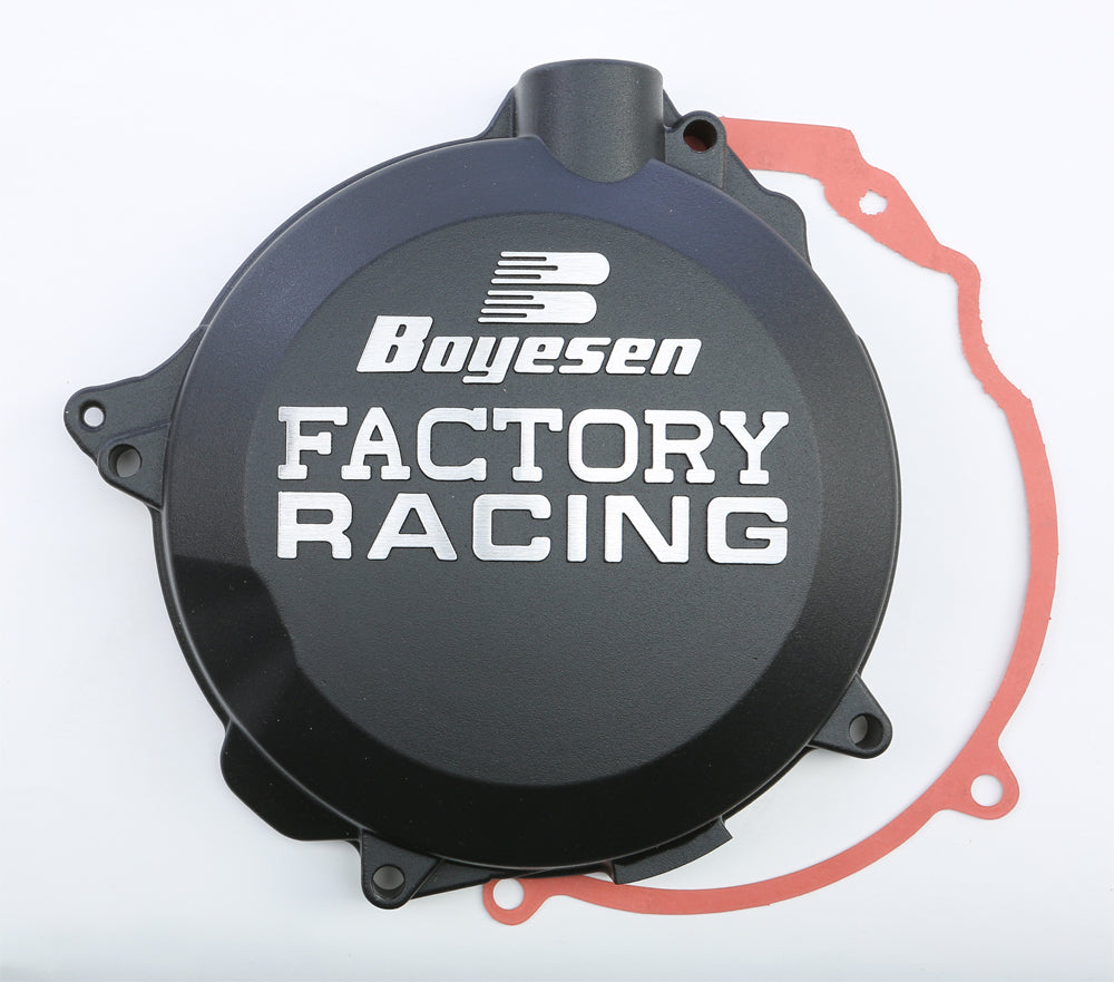 Boyesen Factory Racing Clutch Cover in black for motorcycles, featuring a sleek design and durable construction.