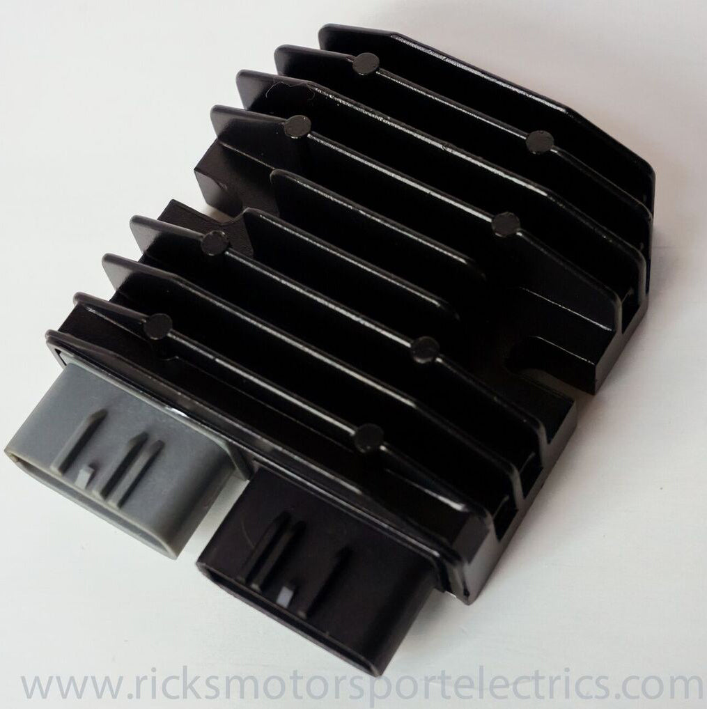 Ricks Motorsport Electric lithium regulator/rectifier for Yamaha models, showcasing the electrical component with connecting wires.