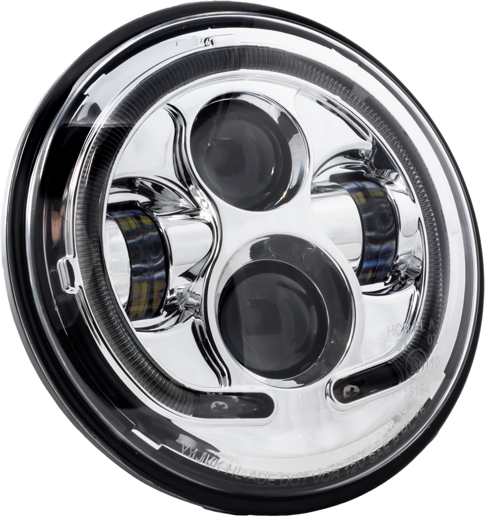 Letric Lighting Co 7-inch LED headlight with chrome halo for Indian motorcycles, showcasing its sleek, modern illumination design.