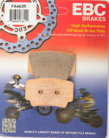 EBC Motorcycle Brakes brake pads 15-463R showing black friction material and metal backing plate for motorcycle braking systems.