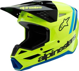 Alpine Star Sm3 Youth Radium Helmet in yellow fluorescent, black, and blue with ventilation and adjustable straps, designed for youth riders.