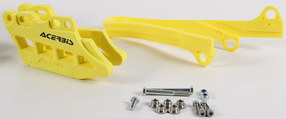 Acerbis Guide/Slider Kit 2.0 in yellow installed on motorcycle frame, providing protection and support for off-road riding.