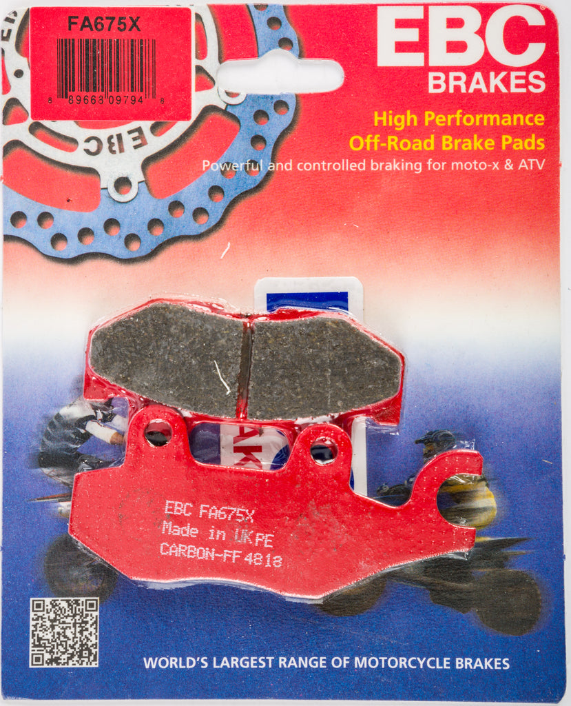 EBC Motorcycle Brakes Carbon X Series brake pads Fa675x for motorcycle braking systems, showing the black brake pad components.
