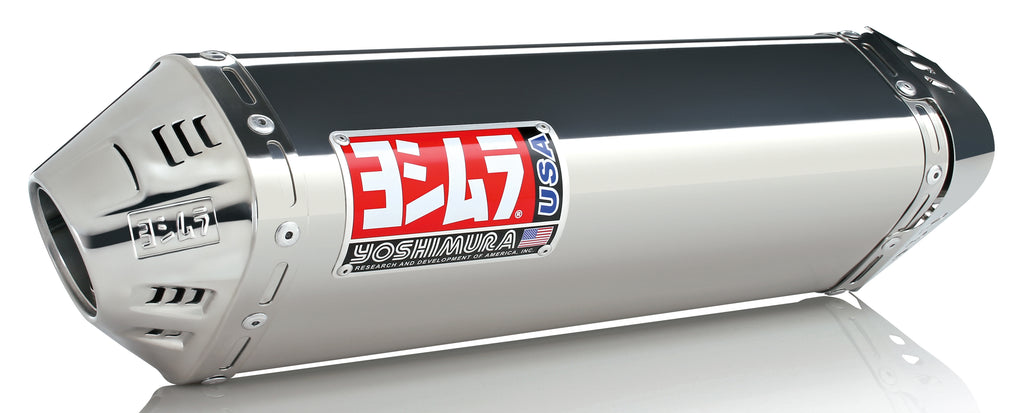Yoshimura Race Trc Slip-On SS exhaust for motorcycles, featuring a sleek stainless steel design and compact single muffler.