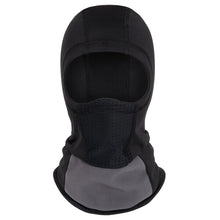 Load image into Gallery viewer, Black Turtle Fur Comfort Shell Quattroclava with windblock storm flap, showing the snug fit and windproof features.