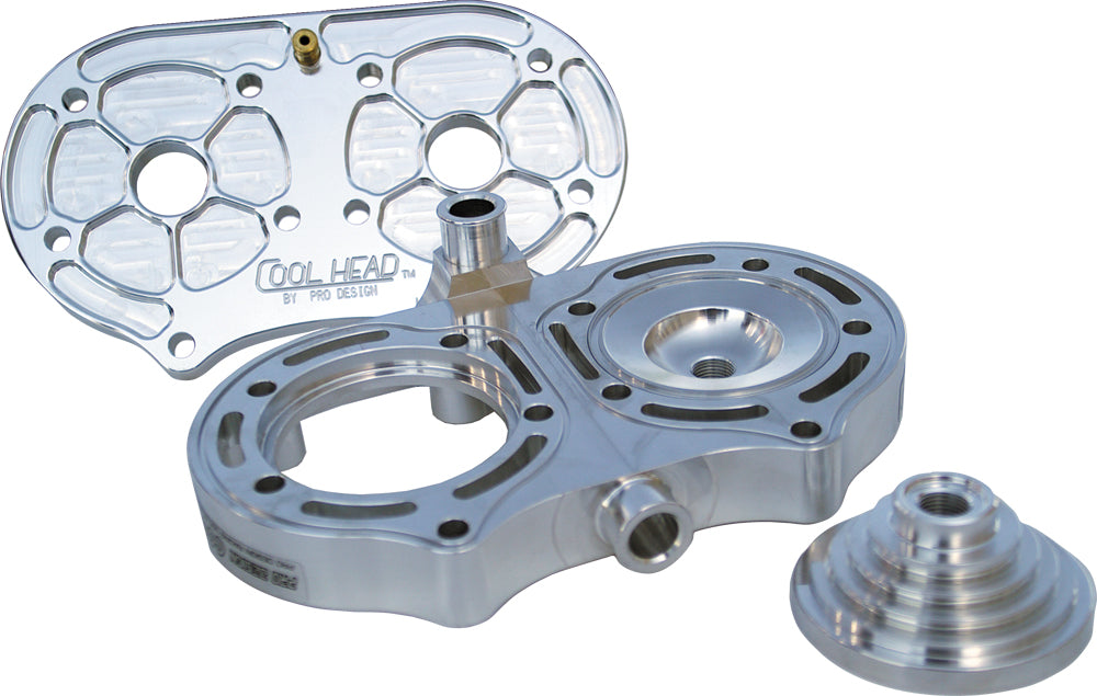 Pro Design Cool Head Dome Standard Bore 18cc engine part with blue cooling fins and branding details visible.