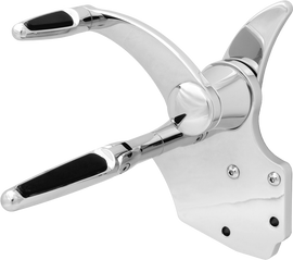 Hawg Halters Inc chrome foot controls for 14-up Harley Davidson motorcycles, shown from the side with visible foot pedal and mounting hardware.