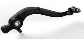 Flo Motorsports folding tip black brake pedals for motorcycles, showing the sleek, durable design with folding feature and black finish.
