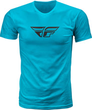 Load image into Gallery viewer, Fly Racing Fly F-Wing Tee in turquoise, size small, casual shirt with graphic design, displayed on a plain background.