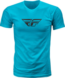Fly Racing Fly F-Wing Tee in turquoise, size small, casual shirt with graphic design, displayed on a plain background.