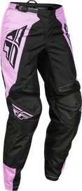 Fly Racing Women's F-16 motorcycle riding pants in black and lavender, size 05/06, shown with detailed fabric and design features.