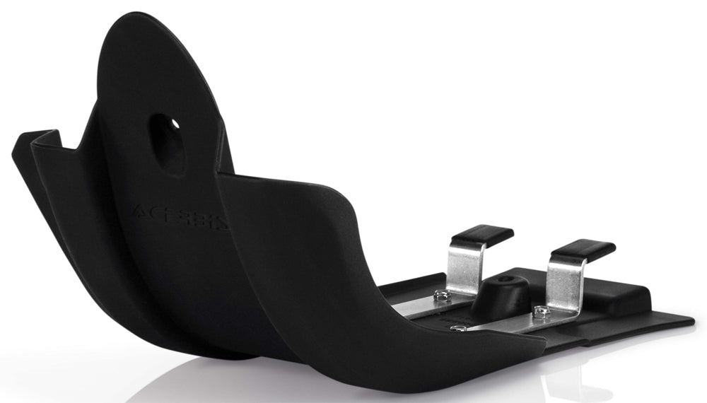 Acerbis black skid plate for motorcycles, durable protective gear with model number 23742-30001, shown mounted on bike frame.