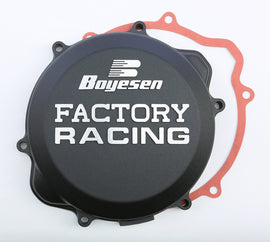 Boyesen Factory Racing clutch cover in black for motorcycle, featuring precise machining and branding details.