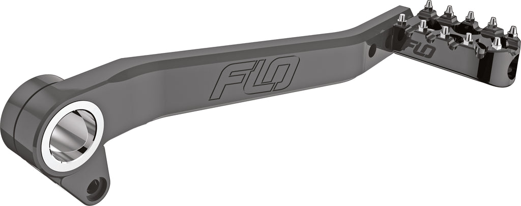 Flo Motorsports adjustable brake pedal for `87-03 XL motorcycles, foot control with textured surface and durable metal construction.