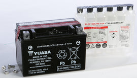 Yuasa Ytx9-Bs maintenance-free motorcycle battery showing its compact design and terminals for easy installation.