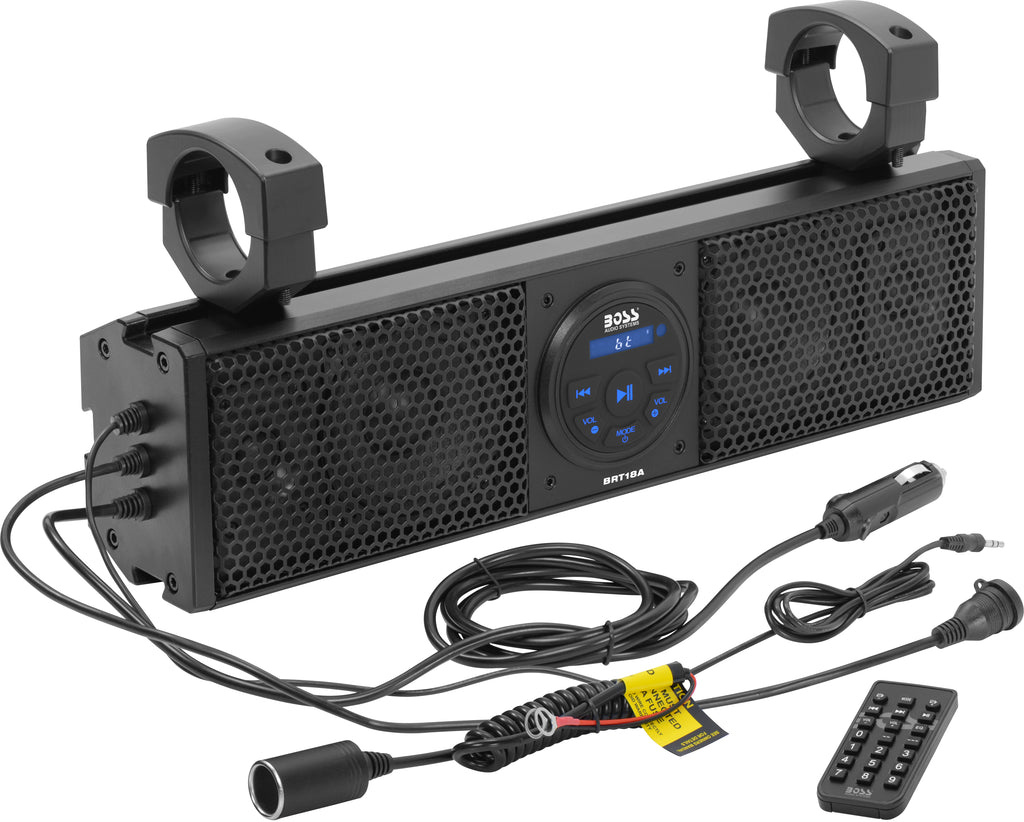 Boss Audio Plug N Play 18-inch sound bar with four speakers designed for 1.5-2 inch bars, model 63-8301.