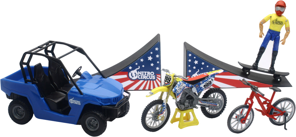 New Ray Toys Nitro Circus replica play set accessories with colorful miniature stunt equipment and figures in vibrant colors.
