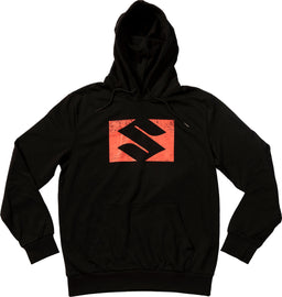 Black DCOR Suzuki Bold sweatshirt with logo print, featuring a relaxed fit and casual style, displayed on a hanger.