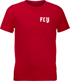Fly Racing Youth Fly Moto Mind Tee in red and yellow, featuring a graphic design, made for young motocross enthusiasts.