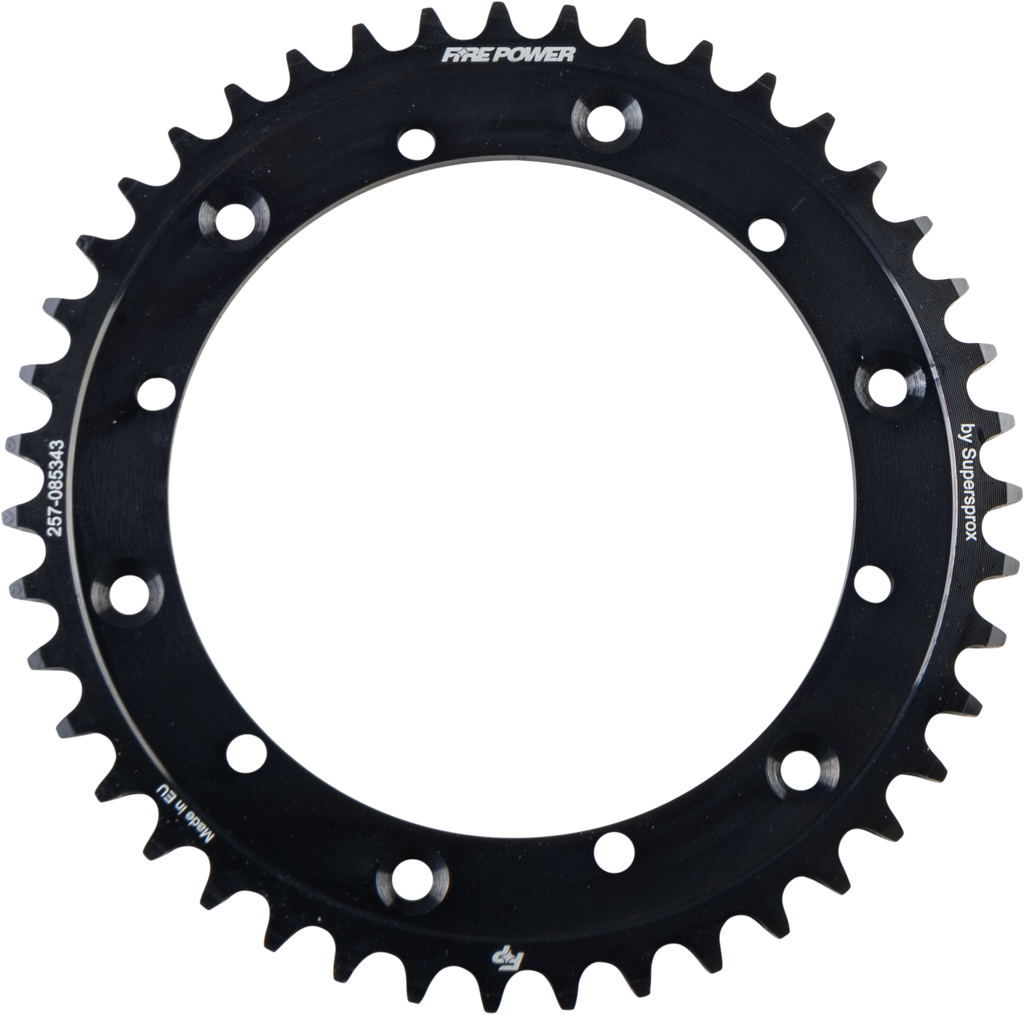 Fire Power Steel 43T rear sprocket for off-road bikes, black finish, durable metal construction, with gear teeth visible.