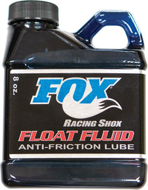 Fox Float Fluid 16oz bottle, high-performance suspension oil for mountain bike shocks, with a clear container and labeled cap.