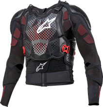 Load image into Gallery viewer, Alpine Star Bionic Tech V3 black, white, and red protective jacket with armor padding, size large, designed for motorcycling safety.