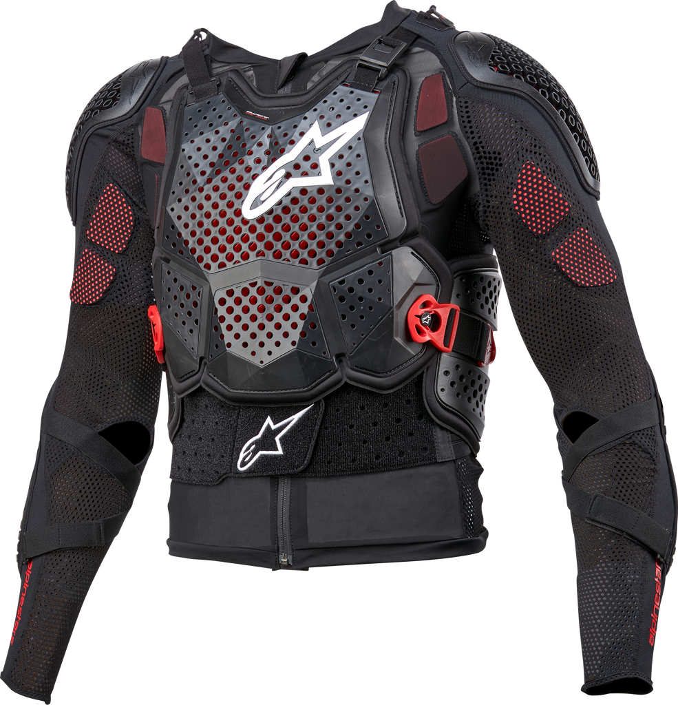 Alpine Star Bionic Tech V3 protection jacket in black, white, and red, XL size, with visible armor and breathable fabric design.