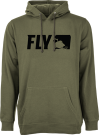 Fly Racing Fly Primary Hoodie in military green, front view showing the hoodie with logo details and soft fabric texture.