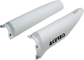 Acerbis white fork guard for motorcycle suspension, with black mounting brackets and brand logo on the protective cover.