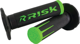 Risk Racing Fusion 2.0 motorcycle grips in green, showing textured rubber surface and ergonomic design for enhanced grip.